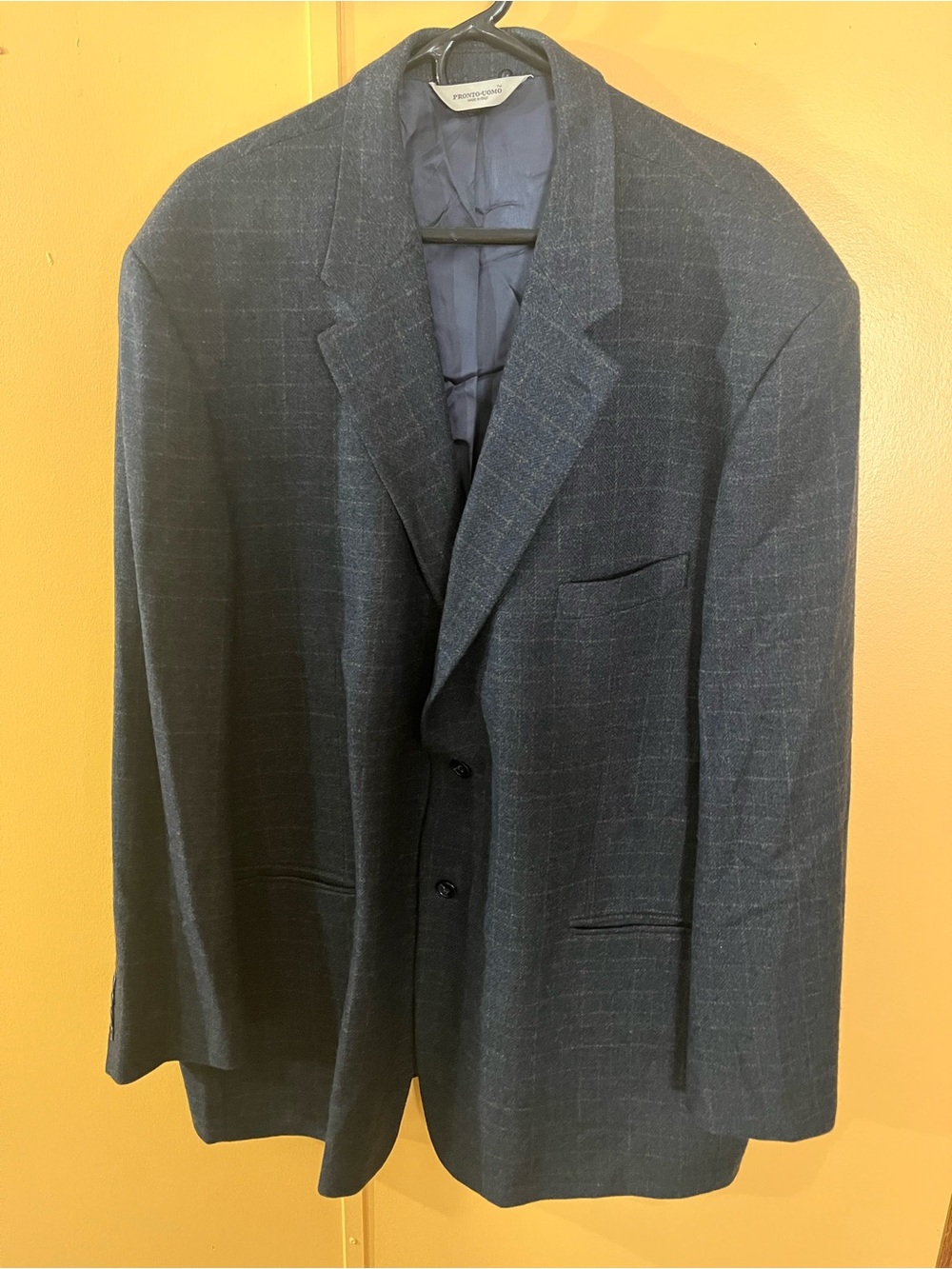 PRONTO-UOMO Men’s 54 Long Dark Blue Windowpane Sport Coat Wool/Cashmere Italy
